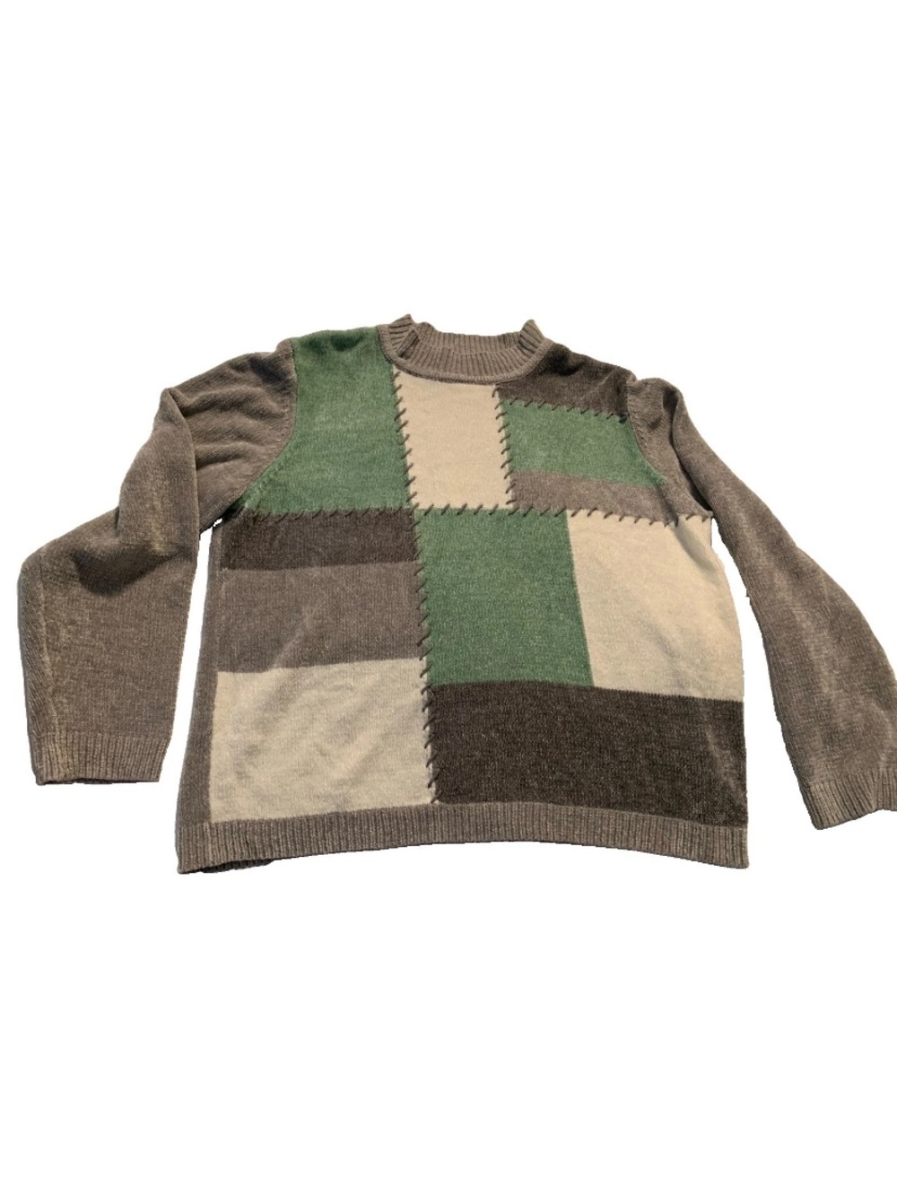 Vintageww Alfred Dunner Sweater Women’s L Gray Green Cream Colorblock Whipstitch